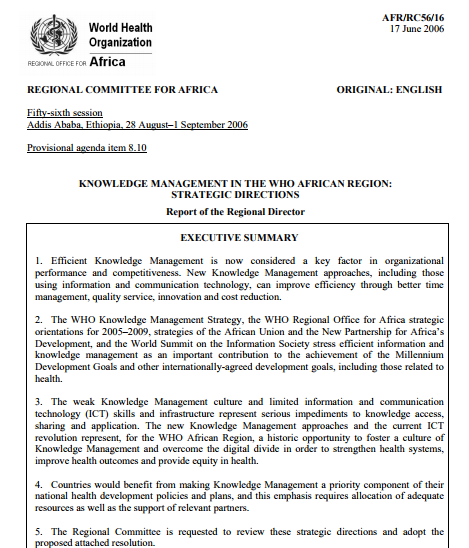 Knowledge Management in the WHO African Region: Strategic Directions 
