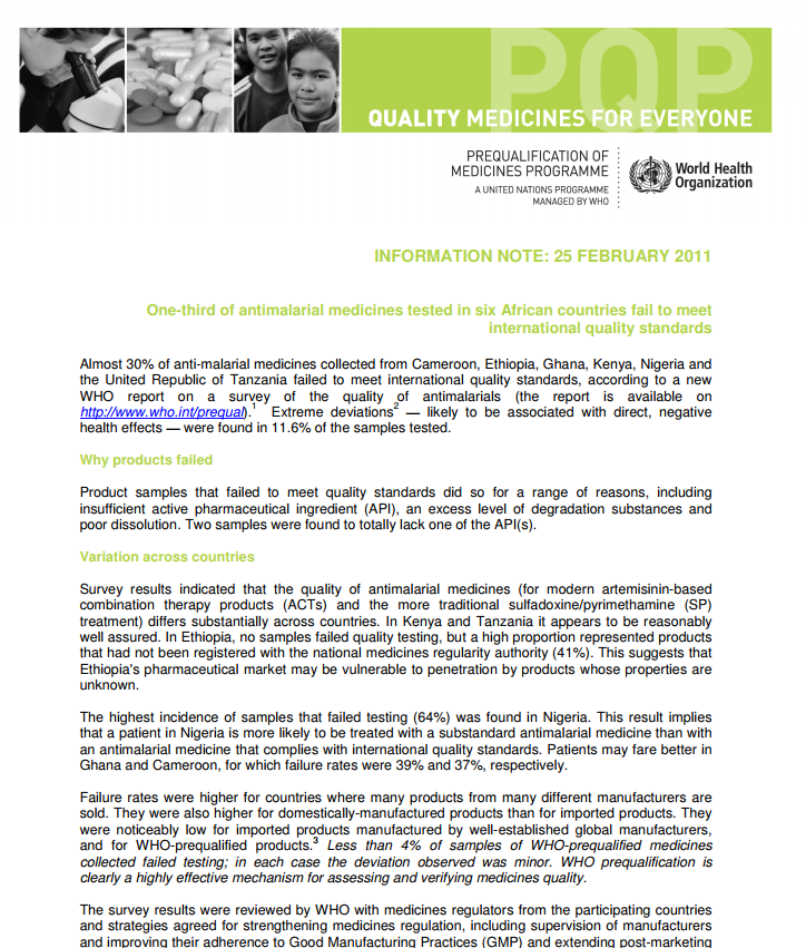 One-third of antimalarial medicines tested in six African countries fail to meet international quality standards - Information Note: 25 February 2011