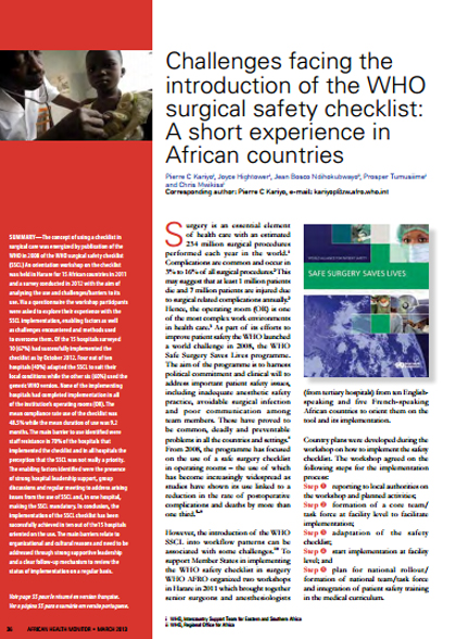 Challenges facing the introduction of the WHO surgical safety checklist: A short experience in African countries