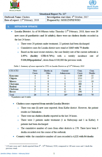 Zambia Cholera Outbreak Situation Report - 15 February 2018