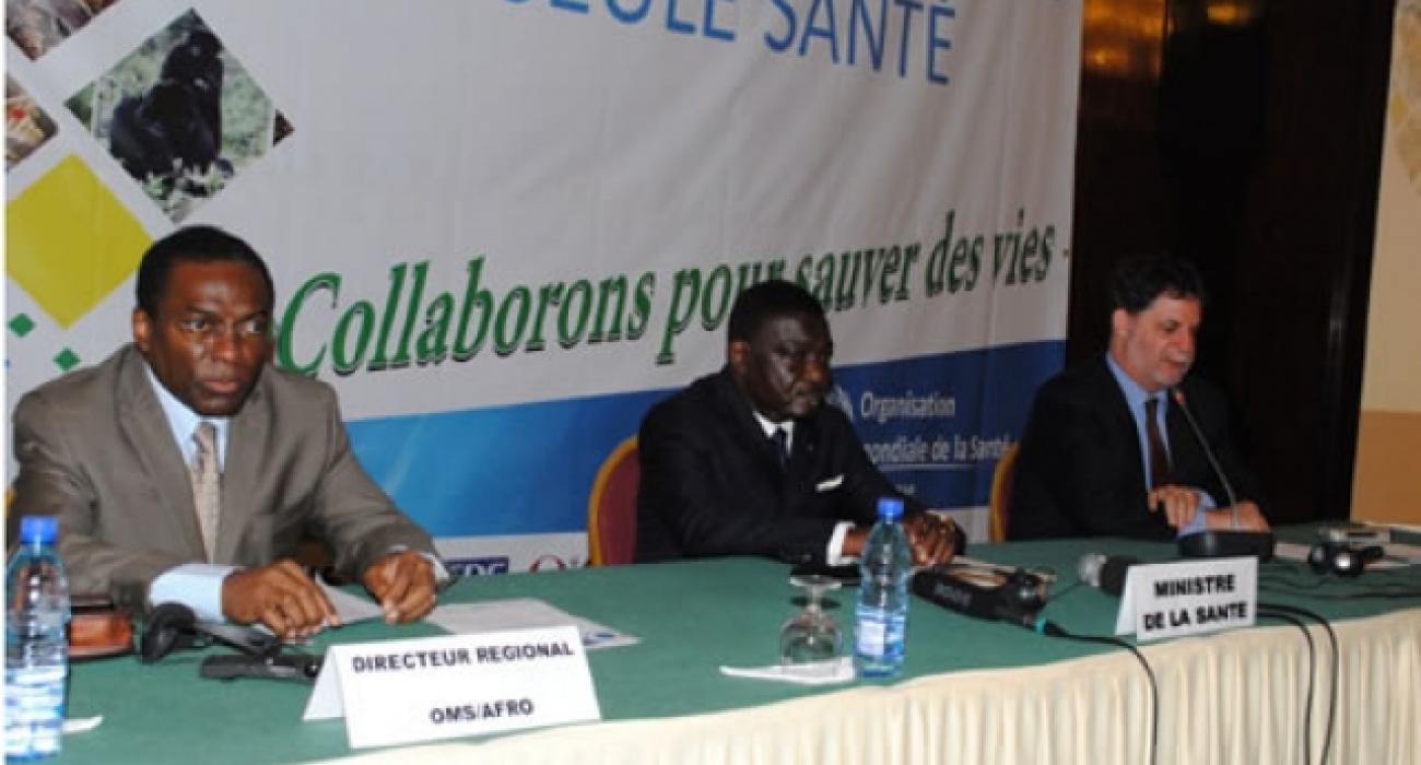 L-R Dr Sambo, RD AFRO, HE prof Léon N’Zouba and HE Eric Benjaminson, USA Ambassador to Gabon