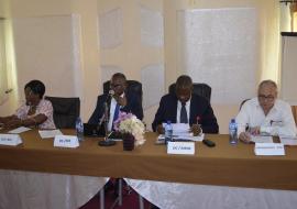 De gauche à droite, Mme Eunice PEDRO FANOU (DIP), Dr Lucien TOKO, DC/MS, M. Serge AHISSOU, DC/MENC et Dr Jean-Pierre BAPTISTE, (OMS/Bénin