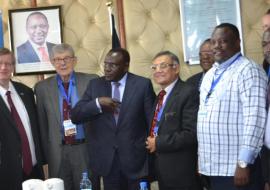 Health Cabinet Secretary Dr Cleopa Mailu (centre) launches the International Certification mission to certify Kenya Guinea Worm free. He is accompanied by WR Kenya Dr Rudi Eggers, 4th left, chairman of the team Dr Joel Breman, 5th left, and part of the rest of the team