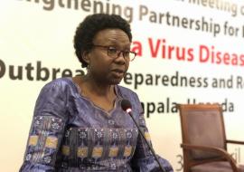 Minister of Health, Dr Jane Ruth Aceng addresses the congregation during the International Partners meeting to Discuss Ebola Preparedness and Response