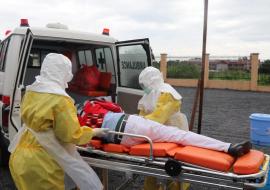 During the SIMEX - health workers evaucate suspected Ebola patient at Juba International Airport