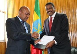 Dr Boureima Hama Sambo, WHO Representative to Ethiopia, presenting his credentials to the Ethiopian State Minister of the Ministry of Foreign Affairs, His Excellency Dr Markos Tekle.