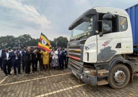 The Prime Minister Rt Honorable Ruhakana Rugunda flanked by Dr Jane Ruth Aceng flags off the cold chain and transport equipment at Kololo Airstrip in Kampala
