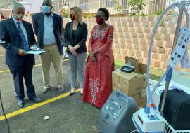 L-R: WHO Representative- Dr Yonas, WHO officer-Dr Bodo, Irish Deputy Ambassodor-Ms Nicole McHugh and the Minister of Health-Dr Aceng at the handover of the equipment worth USD 250,000 procured by WHO with funding from the Irish Government