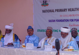 L-R – Emir of Arugung Alh  Mera, ED NPHCDA, Dr Shuaib WHO Country Representative, Dr Mulonbo and  another emir at  the Northern Traditional Leaders meeting on PHC strengthening 