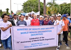 The Prime Minister of the Republic of Mauritius leading the March together with WHO Representative to commemoration of WHO 75th Anniversary- 'Walk for Health - Walk for Life - 14 September 2023, Mauritiushe Prime Minister of the Republic of Mauritius leading the March together with WHO Representative to commemoration of WHO 75th Anniversary- 'Walk for Health - Walk for Life - 14 September 2023, Mauritius
