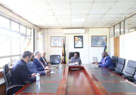 From right to left, meeting between Dr Andrew Bakainaga, WHO Lead - District Health Management Uganda, the Minister of Health, Dr. Jane Ruth Aceng Ocero; Dr Yonas Tegegn Woldemariam - WHO Representative to Uganda; Dr. Santino Severoni, Director of the Department of Health, and Migration at the WHO headquarters.