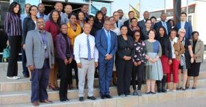 Pharmacovigilance workshop particpants with Dr Ovberedjo (WHO Representative - front row in blue suit) and Dr Seipone (Deputy PS in Min of Health & Wellness - left of WHO Rep, in stripped jacket)