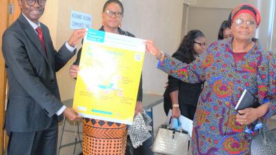 WHO Representative, Dr Charles Sagoe-Moses and UNICEF Representative, Mrs Rachel Odede handing over infection prevention and control materials for health workers to the Deputy Prime Minister and Minister of International Relations, Right Honorable Netumbo Nandi-Ndaitwah 