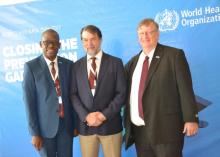 6-Dr Nathan Bakyaita, Malaria Adviser, Dr Pedro Alonso, WHO Global Malaria Director and WHO Kenya Representative Dr Rudi Eggers during the launch of the malaria vaccine pilots