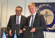DG Dr Tedros with UN Environment Executive Director Mr Erik Solheim after they signed an agreement between WHO and UN Environment to jointly combat air pollution and climate change.