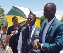From left UNICEF Representative, Ms Rachel Odette, WHO Country Representative, Dr Charles Sagoe-Moses and the Minister of Health and Social Services, Dr Benhard Haufiku in Havana Settlement