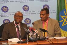 H.E. Dr Kebede Worku, State Minister of Health and Dr Akpaka Kalu, Representative to WHO Ethiopia briefing the Media
