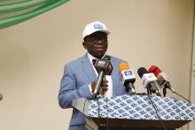 Honorable Minister of Health, Professor Isaac Adewole giving his speech at the World Malaria Day press briefing in Abuja.