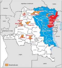 Carte de la RDC illustrant les provinces touchées par EBOLa -en rouge - et celles à risque - en bleu -  OMS