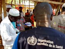 Séance de renforcement des capacités des agents de santé locaux au point d'entrée entre le Nord Kivu et l'Ituri - port des gants, masques et usage de thermomètre à laser pour la détection des cas suspects d'Ebola. OMS/Eugene Kabambi