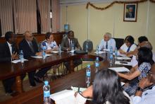 Dr Hon. A. Husnoo, Minister of Health and Quality of Life (centre) chairing a meeting with the mission team from St Helena Island