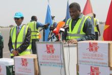 Hon. Dr. Ahmadou Samateh making an official statement after receiving the donated items for COVID-19