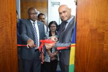 Dr Hon K. K. Jagutpal, Minister of Health and Wellness inaugurating the Virtual Training Laboratory in Mauritius in the presence of Dr L. Musango, WHO Representative