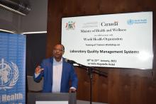 Dr L. Musango emphasizing that “laboratory is one of the 10 pillars in management and prevention of COVID-19 and strengthening laboratory services and systems is essential for universal access to high quality laboratory diagnostic services.”  