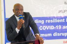 Ambassador Lawrence Amaji, Ministry of Foriegn Affairs, Liberia making remarks during the validation meeting of the COVID-19 transitional plan 