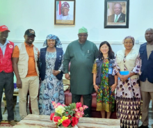 Plateau State Governor Caleb Matfwang receiving mission lead Dr Mie Okamura, WHO Emergency Preparedness and Response Cluster Lead ai and partners at the State Palace.jpg