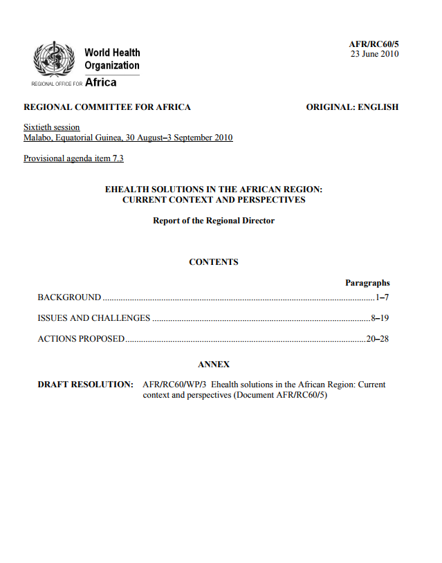 Working Document. eHealth solutions in the African Region: current context and perspectives (AFR/RC60/5, 2013)