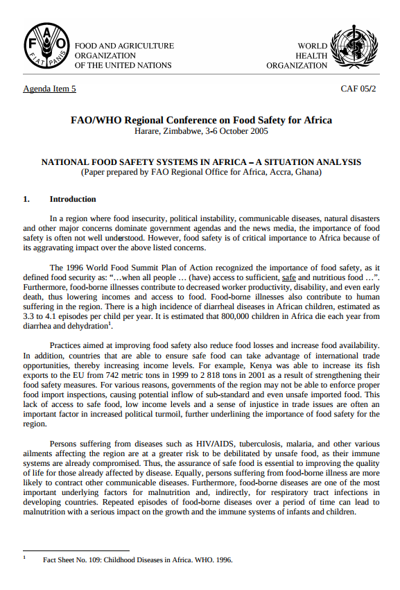 National Food Safety Systems in Africa - A situation analysis 