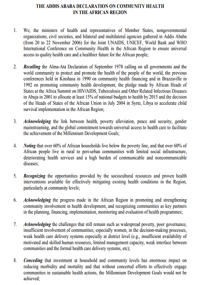 The Addis Abeba Declaration on Community Health in the African Region, 20-22 November 2006