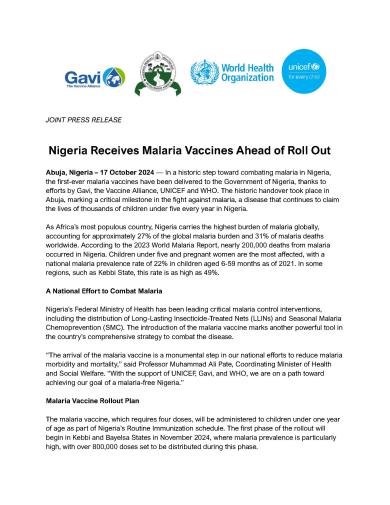 JOINT PRESS RELEASE    Nigeria Receives Malaria Vaccines Ahead of Roll Out