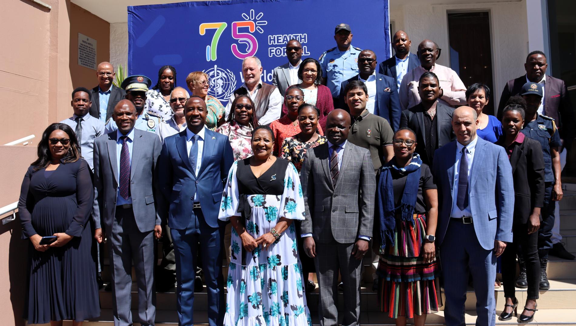 Front line from left to right: Celia Kaunatjike, WHO Namibia, Mr Eugene Tedekule, Executive Director, National Road Safety Council, Mr Jonas Sheelonog, Deputy Executive Director, Ministry of Works and Transport, Hon. Dr Ester Muinjangue, Deputy Minister of Health and Social Services, Dr Richard Banda, WHO Namibia Representative, Mrs Binta Sako, WHO AFRO, Dr Kacem Iaych, WHO Geneva 