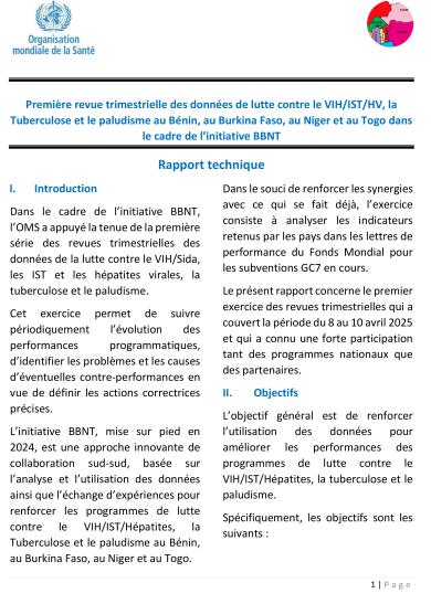 Première revue trimestrielle des données de lutte contre le VIH/IST/HV, la Tuberculose et le paludisme au Bénin, au Burkina Faso, au Niger et au Togo dans le cadre de l’initiative BBNT