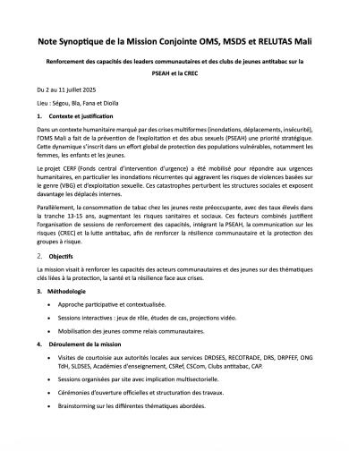Note Synoptique de la Mission Conjointe OMS, MSDS et RELUTAS Mali