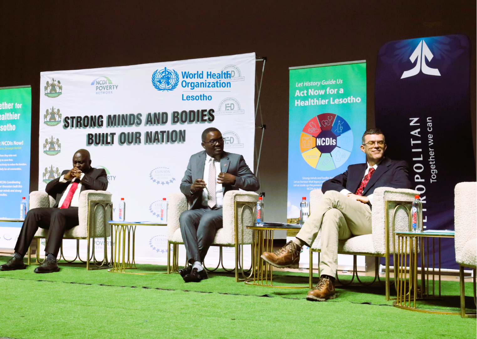 Minister of Health, Selibe Mochoboroane (Left), WHO Representative, Dr. Innocent Nuwagira (Centre) and Associate Director of NCDI Poverty Network, Dr. Colin Pfaff at the launch of the NCDIs multisectoral mechanism