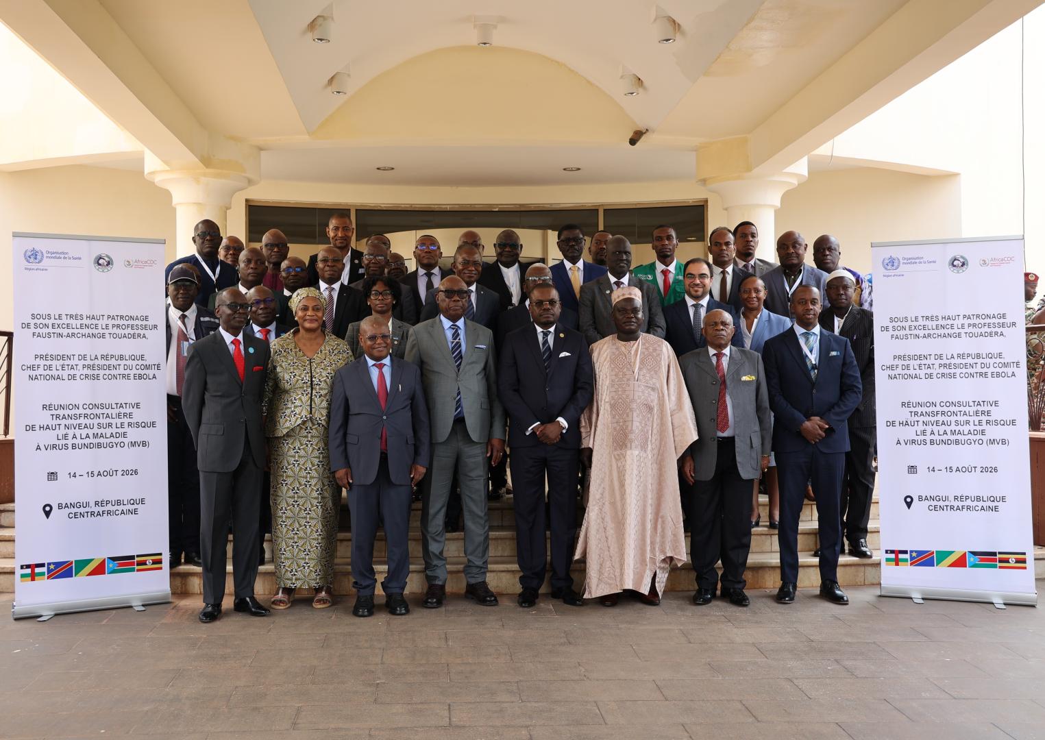Group photograph of the delegations from the Central African Republic, the Democratic Republic of the Congo, Republic of the Congo, South Sudan and Uganda at the cross-border meeting in Bangui on Bundibugyo virus disease