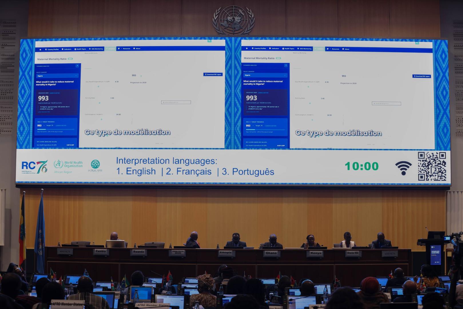 A Plataforma Regional de Dados de Saúde apresentada no ecrã durante a septuagésima sexta sessão do Comité Regional da OMS para a África