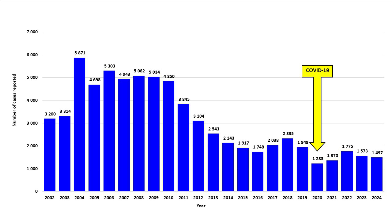 Trend in the number of new reported cases of Buruli ulcer in the African Region, 2002-2024
