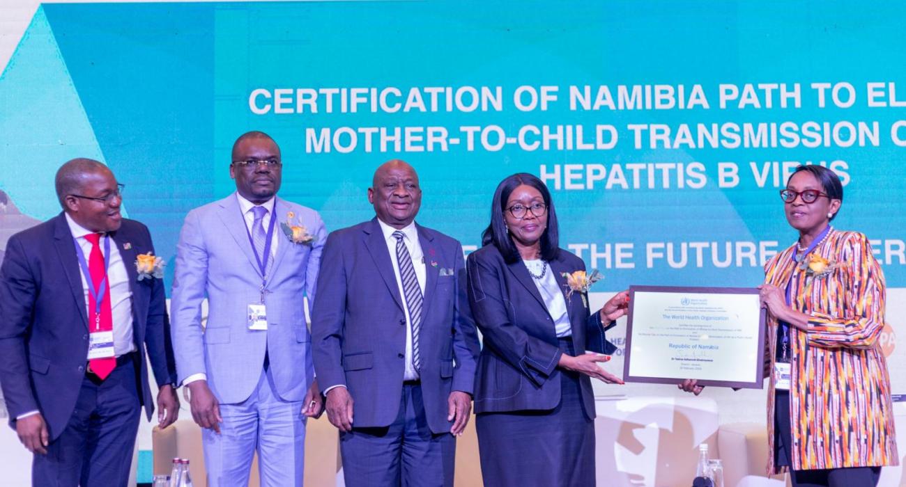 The Rt Hon Prime Minister of Namibia, Dr Saara Kuugongelwa-Amadhila receiving the PTE awards from the WHO Regional Director for Africa, Dr Dr Matshidiso Moeti. Witnessing the event are the Hon. Dr. Kalumbi Shangula, Minister of Health and Social Services, HE Dr Jean Kaseya, Director General of Africa CDC and Mr Ben Nangombe, Executive Director in the Ministry of Health and Social Services