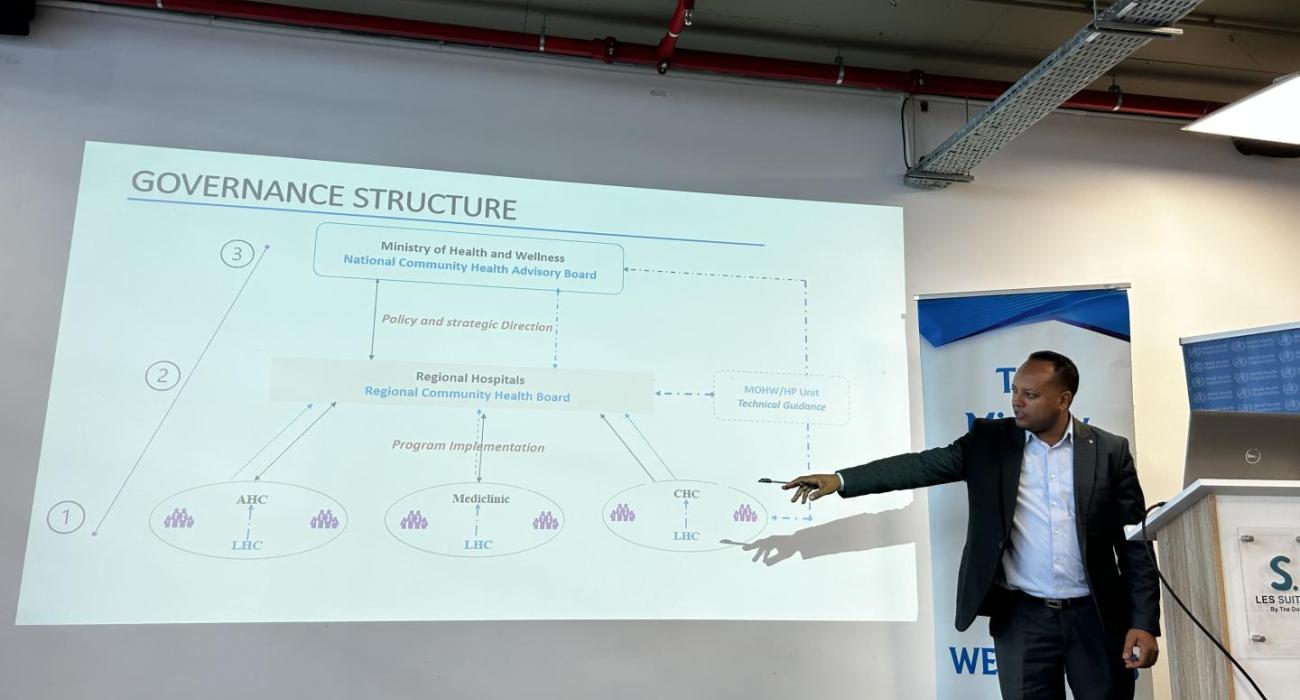 The WHO expert on health systems, Azmach Gebregiorgis, presenting the governance structure of LHCs.