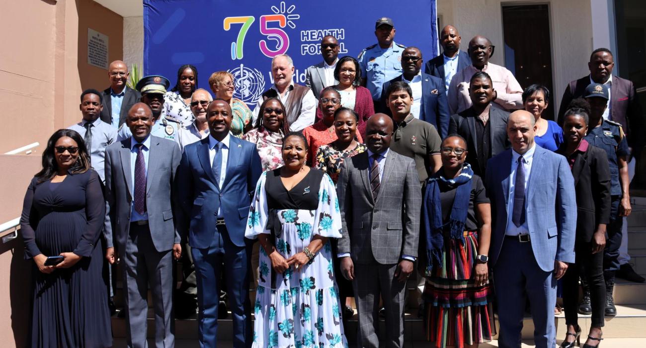 Front line from left to right: Celia Kaunatjike, WHO Namibia, Mr Eugene Tedekule, Executive Director, National Road Safety Council, Mr Jonas Sheelonog, Deputy Executive Director, Ministry of Works and Transport, Hon. Dr Ester Muinjangue, Deputy Minister of Health and Social Services, Dr Richard Banda, WHO Namibia Representative, Mrs Binta Sako, WHO AFRO, Dr Kacem Iaych, WHO Geneva 