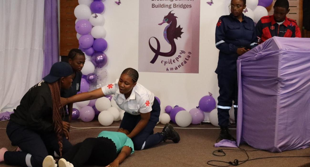 Lesotho’s paramedic team demonstrates how to administer first aid to a patient with leprosy during the commemoration of World Epilepsy Day.
