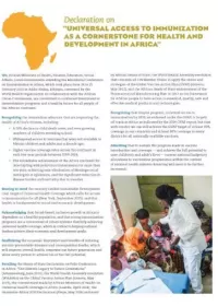 Declaration on "UNIVERSAL ACCESS TO IMMUNIZATION AS A CORNERSTONE FOR HEALTH AND DEVELOPMENT IN AFRICA"