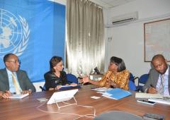 Dr Moeti and Mrs Kim BOLDUC (Humanitarian Coordinator, DRC) at the MONUSCO office in presence of Dr Dah CHEIKH, Dr Michel YAO, and Dr François Nguessan