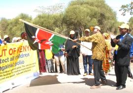 Isiolo County Govenor, Godana  Doyo, flags off a march at the launch of the Polio campaign in Kenya  for Jan 18-22