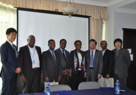 L-R: YongWhan Kim, Deputy Representative, KOICA Ethiopia; Kebba O’Jaiteh, Outbreak Crisis and Response Coordinator, WHO Ethiopia; Daddi Jimma, Deputy Director General of EPHI and Chair of the National Ebola Preparedness and Response Technical Working Group; Pierre M’Pele-Kilebou, WHO Representative to Ethiopia; Admas Tefera, Preparedness, Surveillance and Response Programme Coordinator, WHO Ethiopia; ByungHwa Lee, KOICA Resident Representative to Ethiopia; Mer’Awi Aragaw, Public Health Emergencies Advisor t