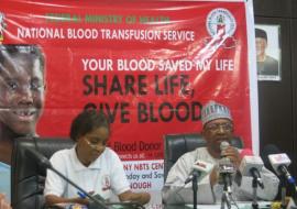 Minister of State for Health, Dr Osagie Ehanire (right) addressing journalists on 2016 World Blood Donor Day